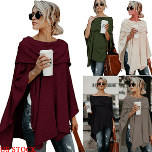 Women-OffShoulder-Irregular-Sweater-Cloak-Poncho-Pullover-Top-Shirt-Blouse-Loose