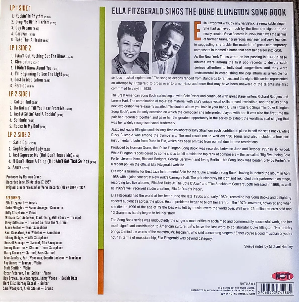 ELLA FITZGERALD SINGS THE DUKE ELLINGTON SONG BOOK 2 LP SET 180 GRAM VINYL