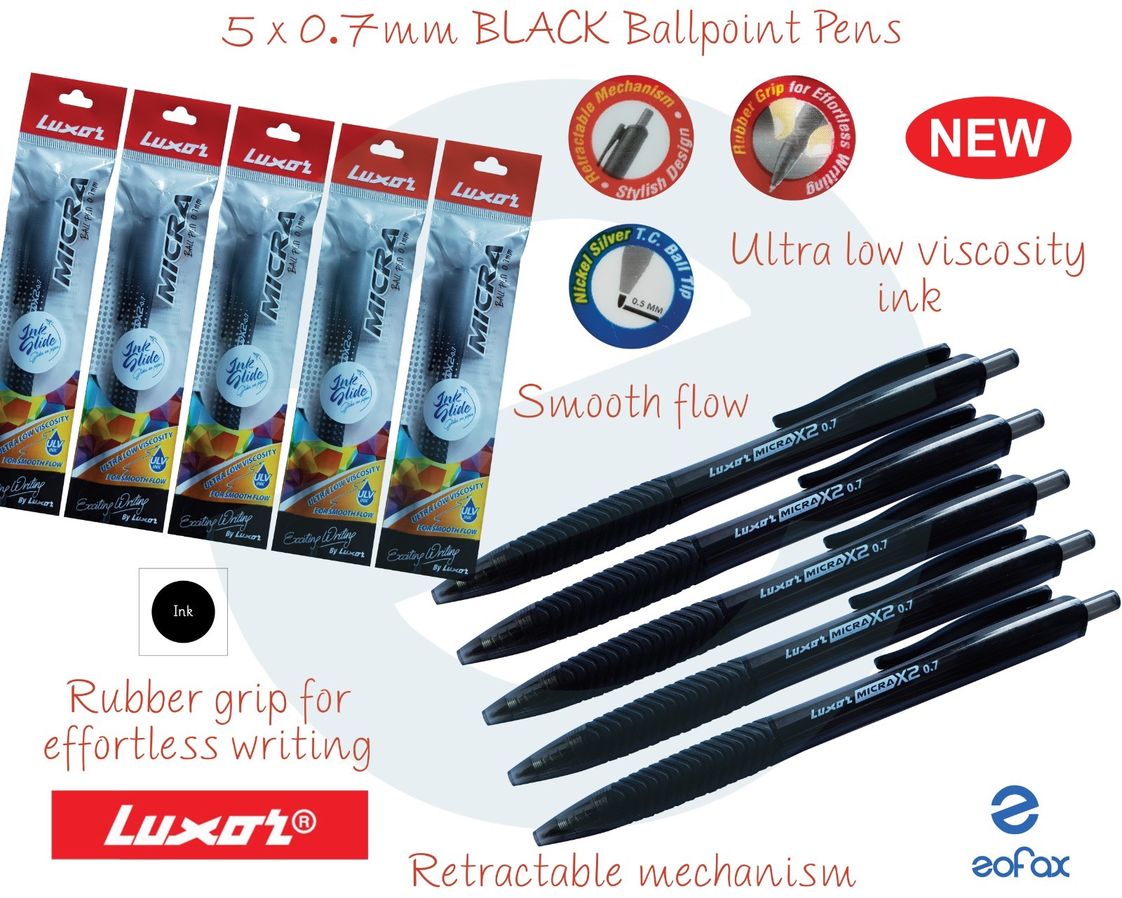 5 x 0.7mm Unique Tip LUXOR Micra BLACK Retractable Ballpoint Pens