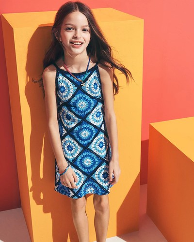 AQUA Big Girls' Tile Crochet Dress Blue Size M - Picture 2 of 6
