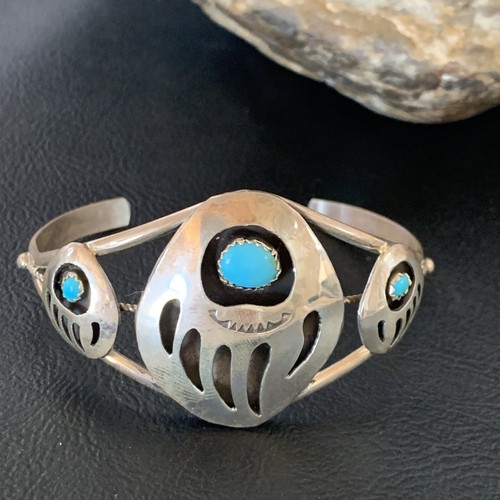 Blue Turquoise Navajo Indian Sterling Silver Bear Paw Cuff Bracelet 5.5" 12875