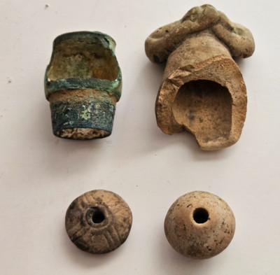 4 Ancient Artifacts - Ceramic Beads, Bronze, Partial Figure