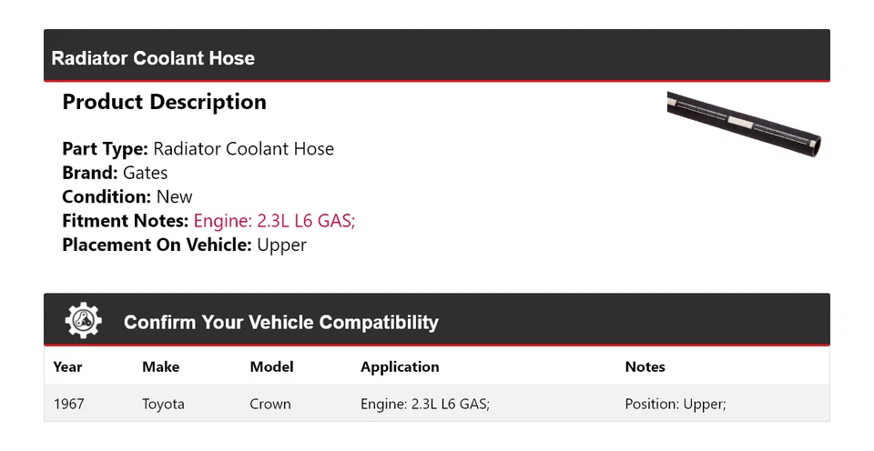 For 1967 Toyota Crown 2.3L L6 GAS Radiator Coolant Hose Upper Gates - Image 2 of 4