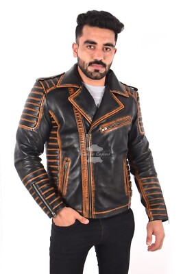 Herren Vintage Rost Effekt Biker inspiriert Leder Mode Stern Jacke Cary Grant