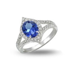 Simulated Blue Sapphire and Cubic Zirconia Oval Fashion Split Shank Ring