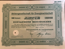 AG f&uuml;r die Energiewirtschaft alte Aktie &uuml;ber 1000RM  Berlin 1937