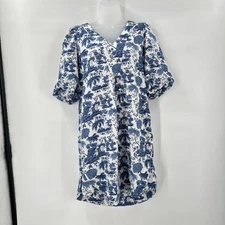 Cynthia Rowley Linen Blend Dress Small Toile Coastal Puff Sleeve Cottagecore