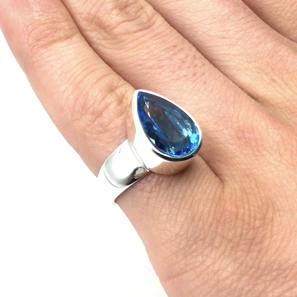 Anello in argento 925 topazio blu cielo taglio a goccia 8,1 carati gioielli... - Immagine 4 di 4