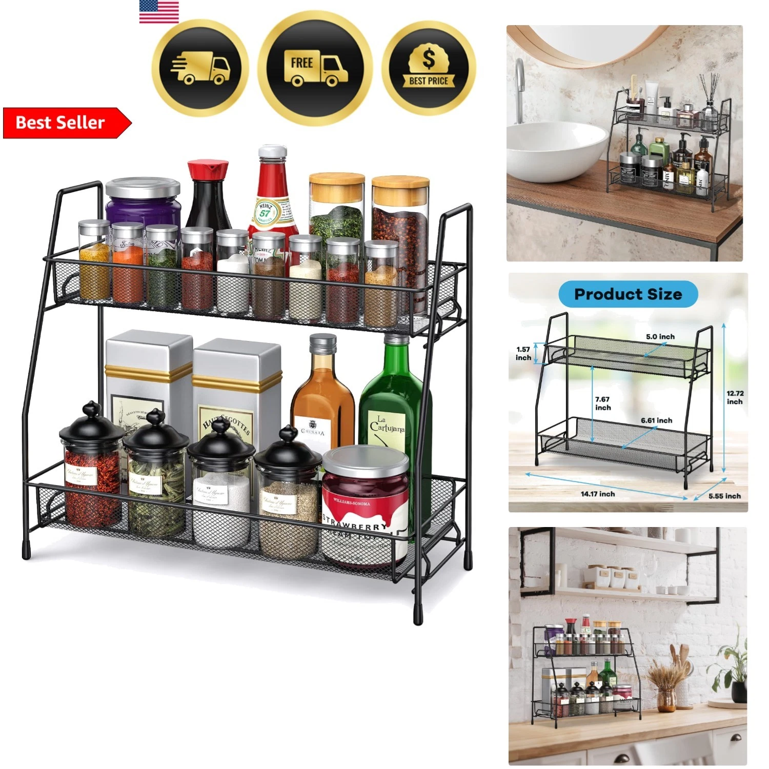 Kitchen Bathroom Spice Rack Organizer Countertop Cabinet Storage Holders