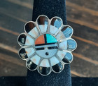 Vintage Unique Native American Zuni Multi-Stone Inlay Sunface Silver Ring Signed — photo 1