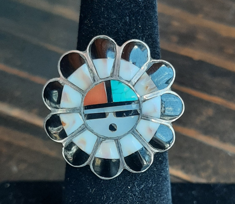 Vintage Unique Native American Zuni Multi-Stone Inlay Sunface Silver Ring Signed