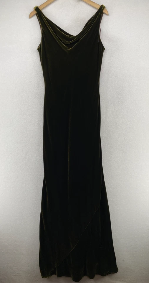 Vestido CARMEN MARC VALVO 8 Terciopelo Mezcla Seda Capucha Cuello Maxi Cóctel Verde HK DE COLECCIÓN Foto 3 de 4