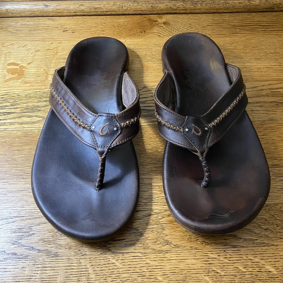 OluKai Mens Mea Ola Leather Thong Flip Flop Sandals Size 12 Brown Slip On - Image 2 of 4