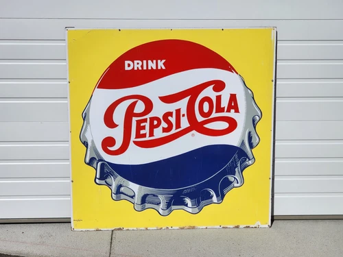Vintage Rare Drink Pepsi-Cola Large Metal Sign 4' X 4' GAS OIL COLA Great Color