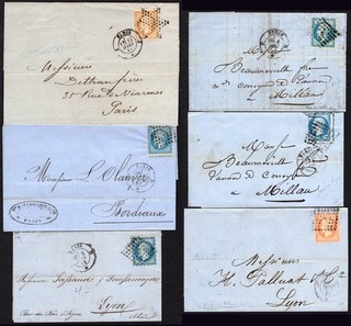 FRANCE: c.1860s Selection of 6 Used Entires Private Perfs/Roulettes Cancels