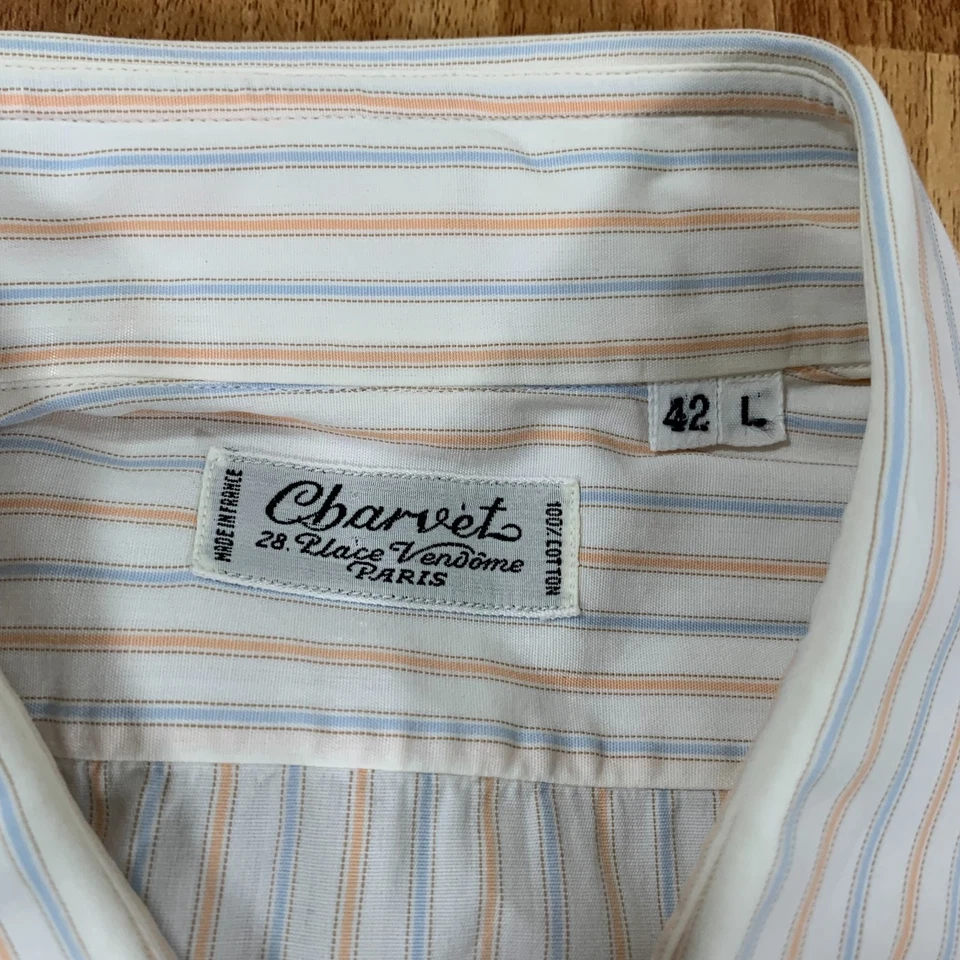Charvet Paris платье рубашка мужская большой 42 белый оранжевый синий полоски на пуговицах - Изображение 3 из 4