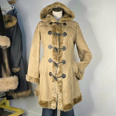 Y2K Penny Lane Faux Fur Toggle Coat Hood Tan Fisherman Core Winter Boho