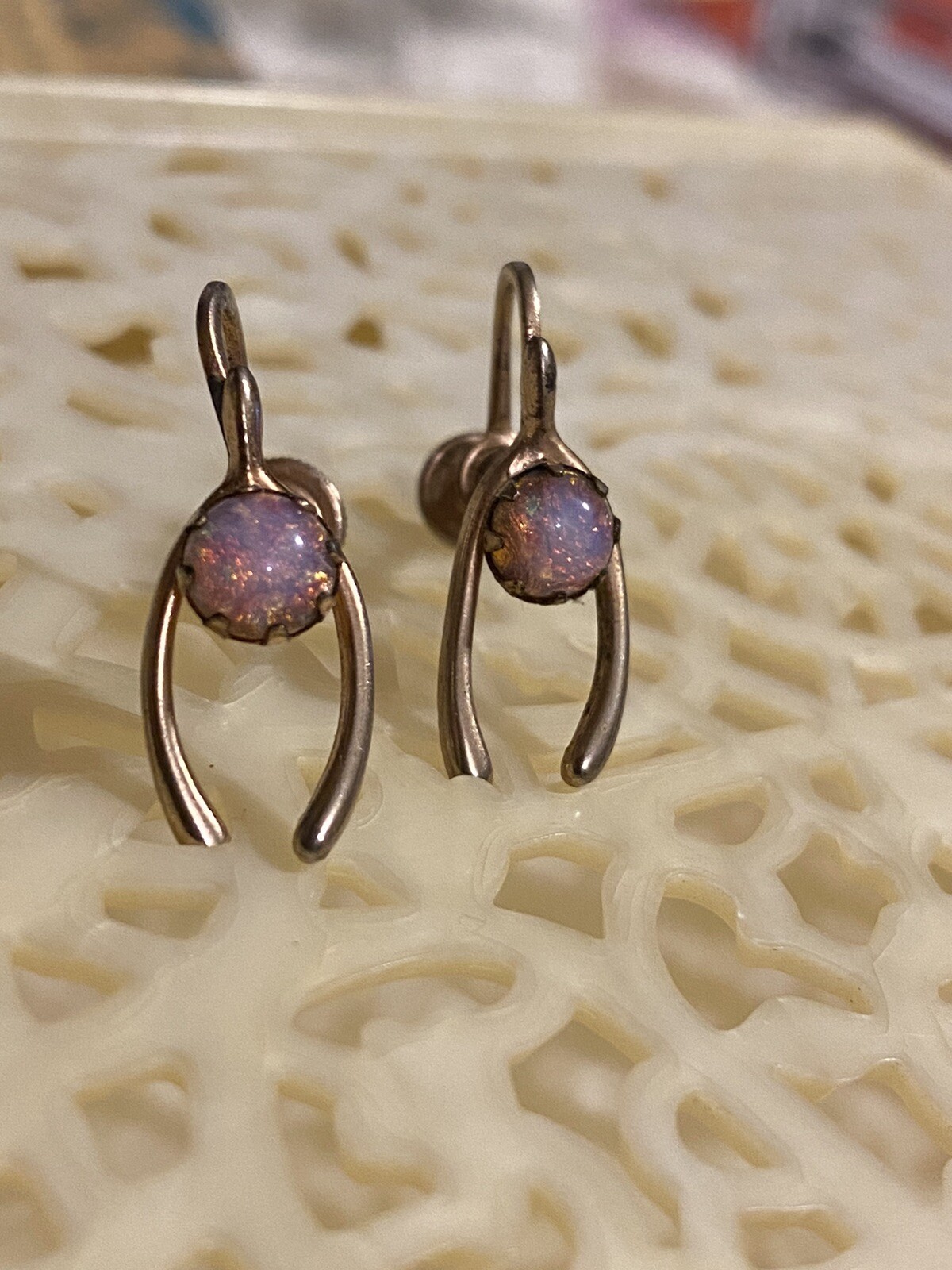 Vintage 12K GF Wishbone Fiery Red/Pink Opal  Screw back Earrings