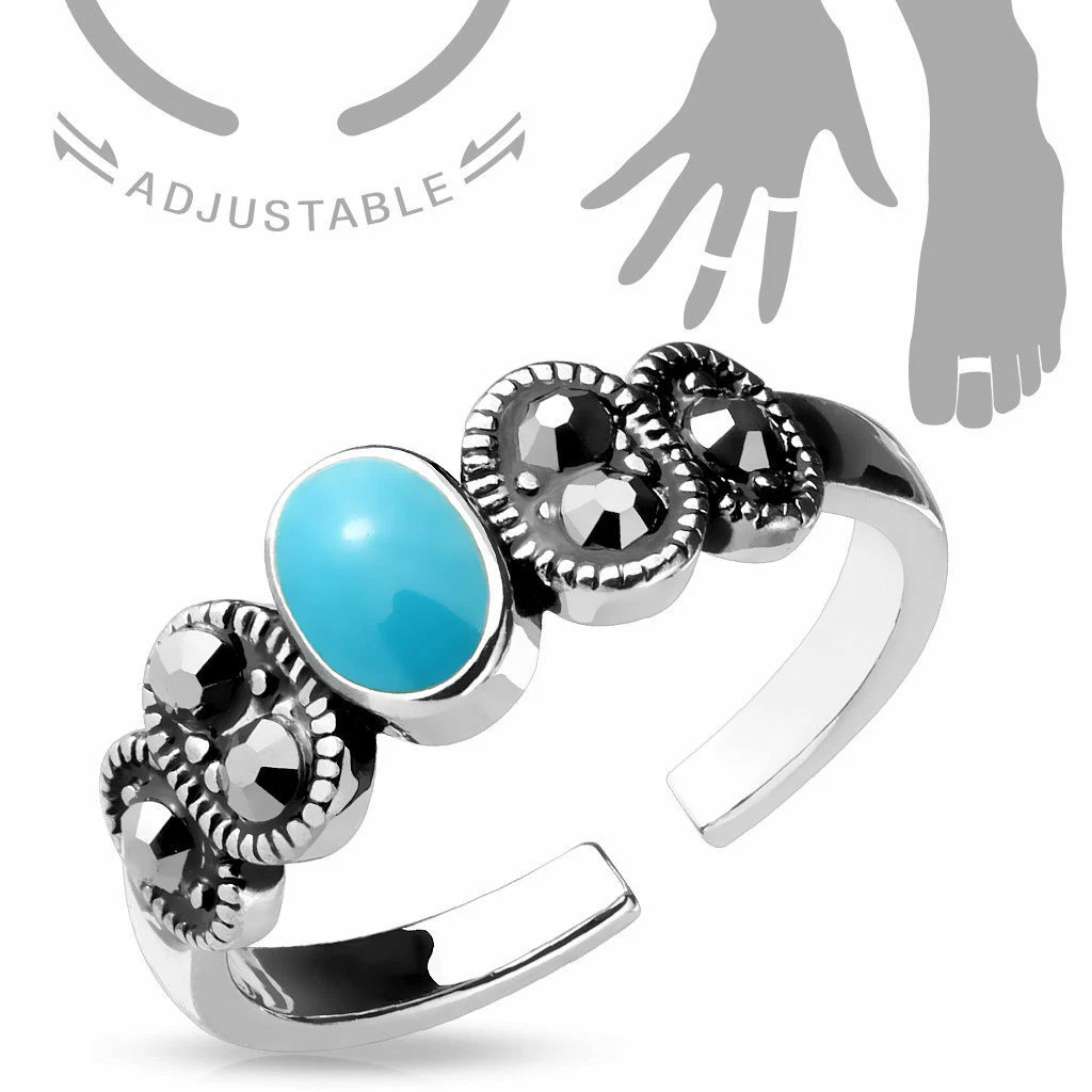 Zehenring Stein Türkis Anthrazit Vintage Fußring Mid Midi Ring Silberfarben