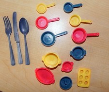 Vintage 12 Pc Child's Toy Plastic Pot Pans plus 1 Metal Knife Fork Spoon Set