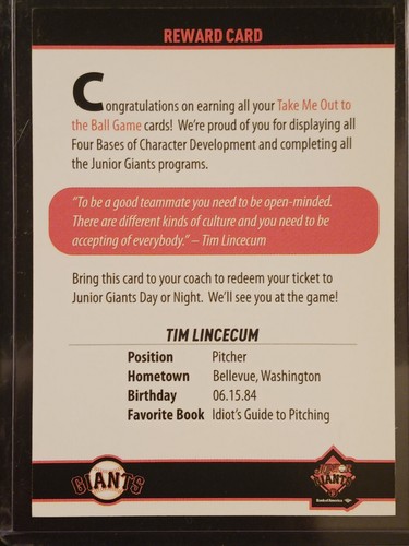 Very Rare 2010 Junior Giants Reward Cards Tim Lincecum San Francisco Giants SSP - Picture 2 of 2