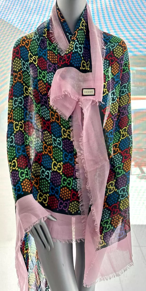 NEW GUCCI GG PSYCHEDELIC GG Print Pink Modal Silk Pashmina Shawl 610322