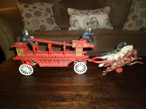 cast iron 3 horse drawn fire wagon