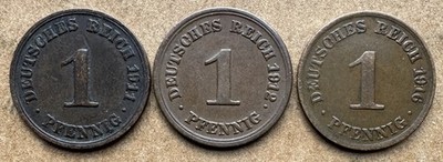 3 COIN LOT GERMANY 1 PFENNIG 1911-A 1912-F 1916-A GERMAN EMPIRE WILHELM II KM#10