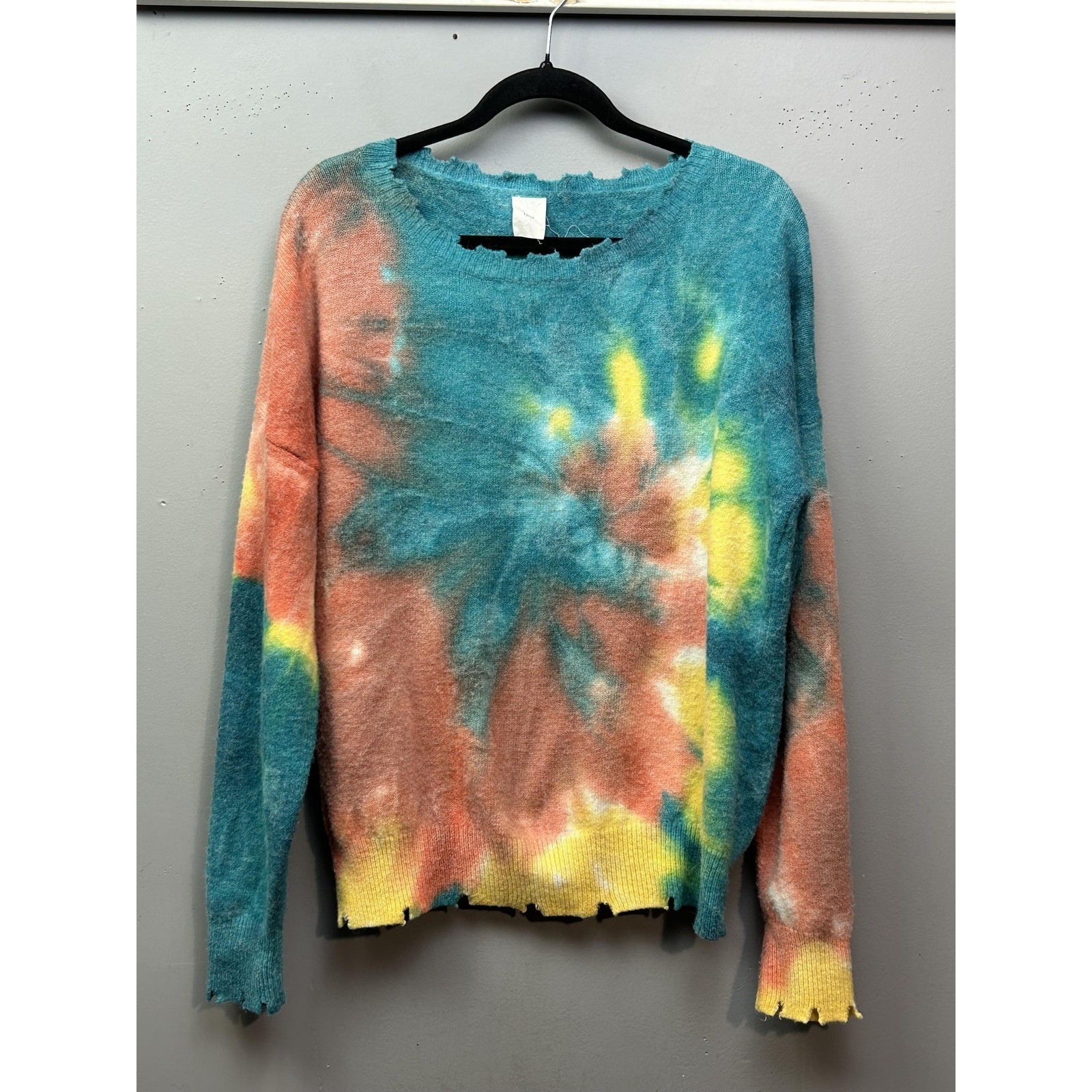 12PM Sweater Womens Medium Multicolor Tie-Dye Distressed Knit 12-T0057 Crew Neck