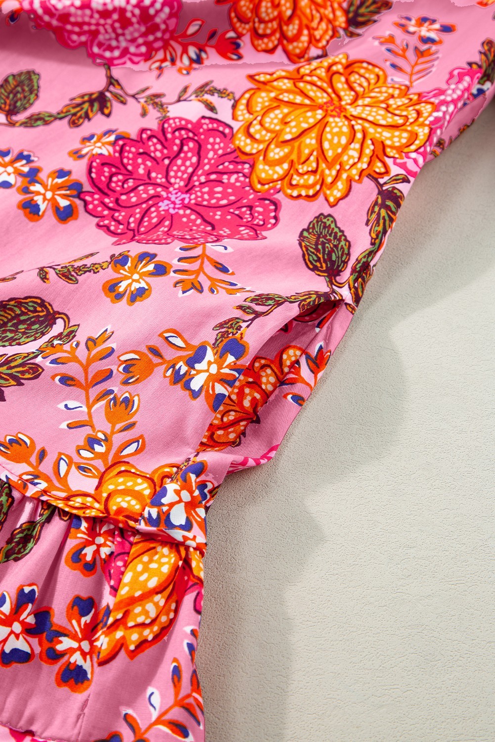 Pink Floral Mini Dress L Bubble Sleeve Ruffled V Neck Padded Shoulder UK Size 14 image 8