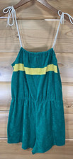 VTG Terry Cloth Romper Shorts 70s Women Medium Green Stripe Distress READ
