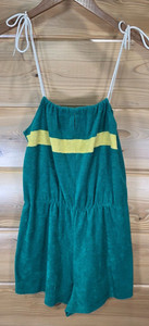 VTG Terry Cloth Romper Shorts 70s Women Medium Green Stripe Distress READ