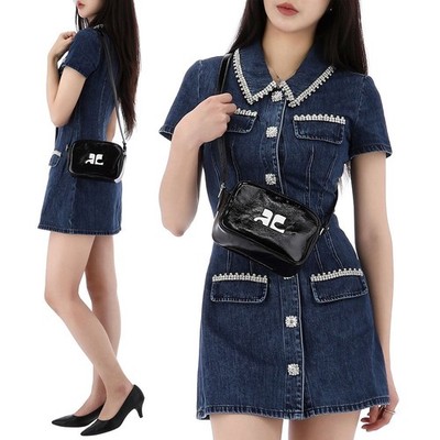 Courreges Leder Umhängetasche Naplak Camera Neuauflage BLACK 101634297