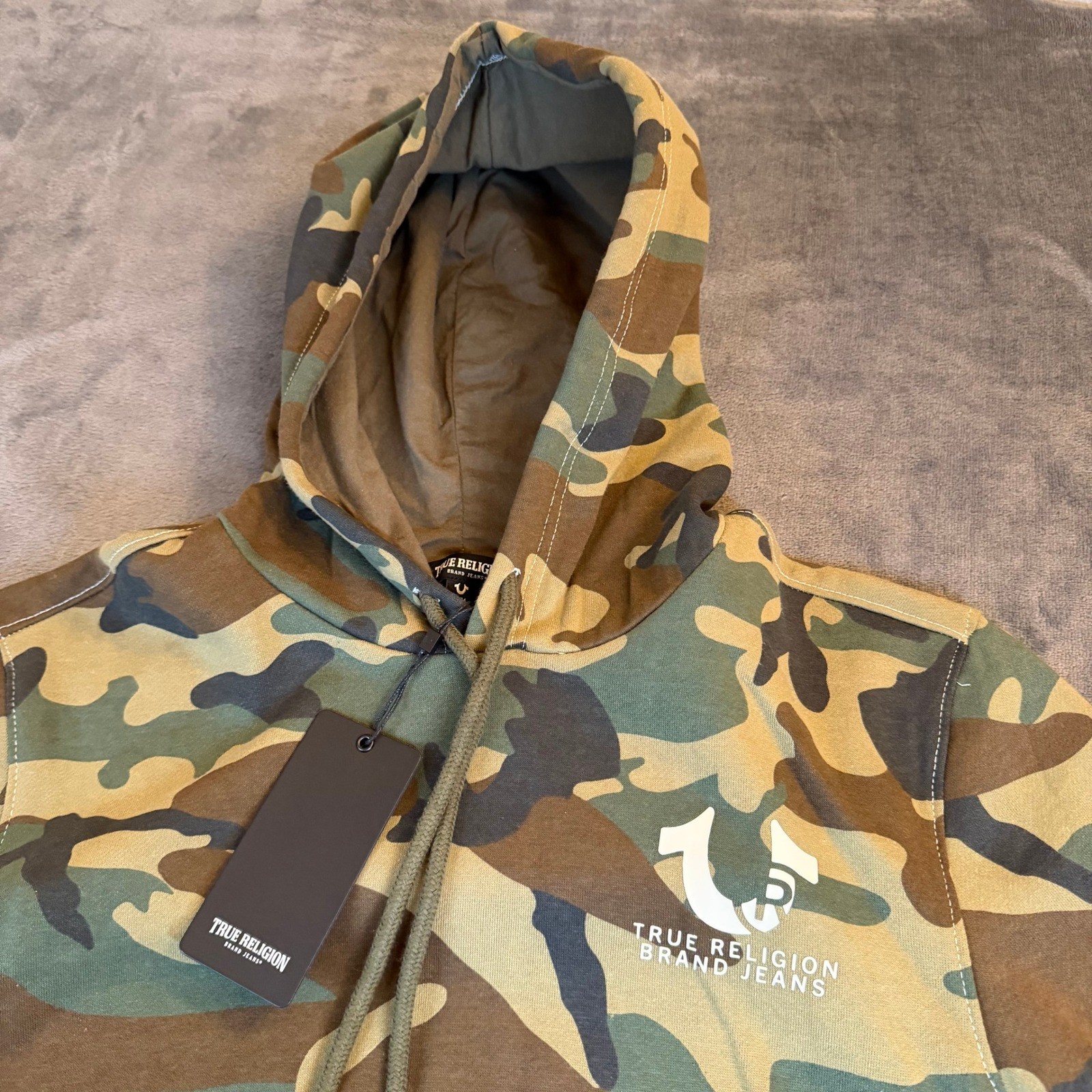 True Religion Camo Hoodie Pullover Logo Graphic Sweatshirt Mens Medium NWT thumbnail 2