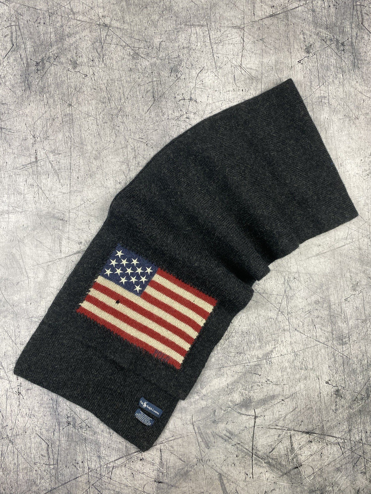 Polo Ralph Lauren Men's Wool American Flag USA Knit Scarf Grey Vintage Rare