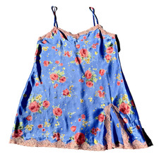 VTG Victoria  s Secret 2002 Satin Slip Dress L Blue Pink Floral Lace Y2K Coquette