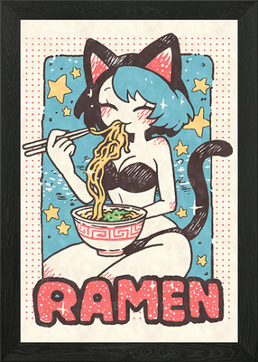 Retro Cat Girl Ramen Framed Wall Art Poster Canvas Print Picture