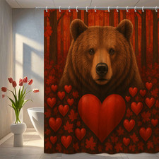 Autumn Bear Shower Curtain - Fall Decor with Hearts and Leaves