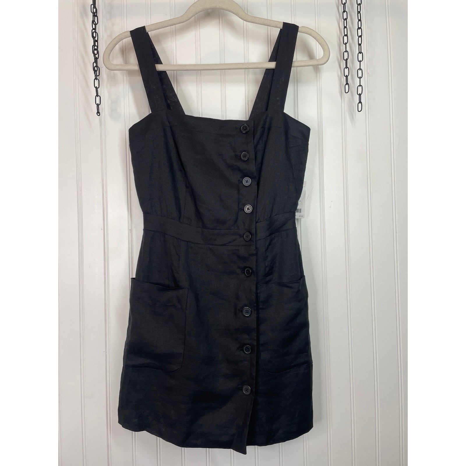 Linen Katia Button Front Mini Dress Black Squared Neck Linen