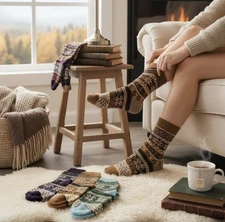 NEW 4 Sets Womens Heavy Knit Colorful Fair Isle Hearts Winter Fuzzy Socks Bundle