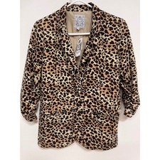 Maxim Studio Leopard Print Blazer Ruched Sleeve Animal Print Jacket Tan Brown M