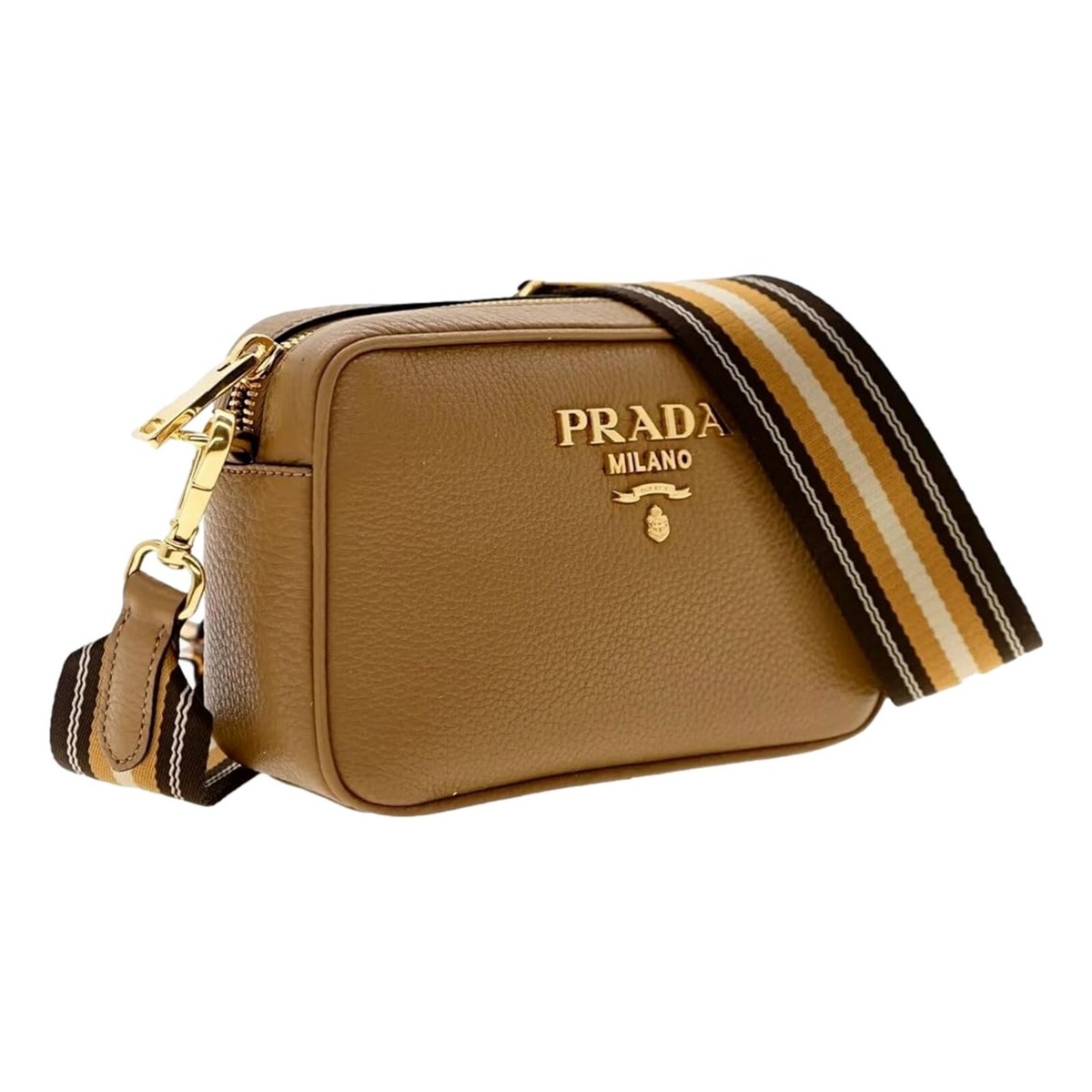 Prada Tan Caramel Leather Crossbody Bag Web Stripe Strap NEW | eBay