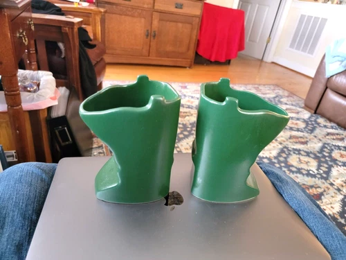 Pair of Rare Green Red Wing Pottery Sotapitcher Minnesota Shaped Mugs.