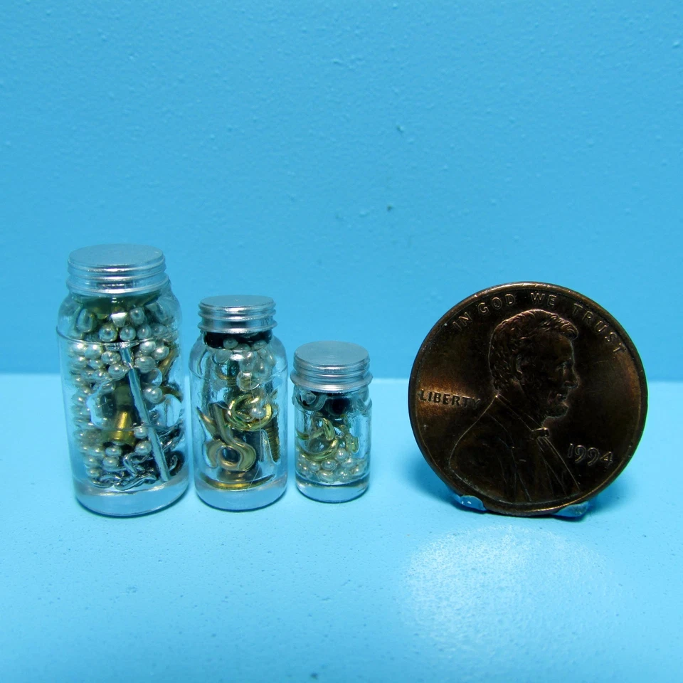 HUDSON RIVER Dollhouse Miniature 3 Glass Jars Filled with Bolts, Nuts & Hardware Fixings