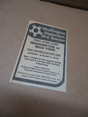 Washington Diplomats vs New York Cosmos NASL Soccer - 1974 newsprint ad