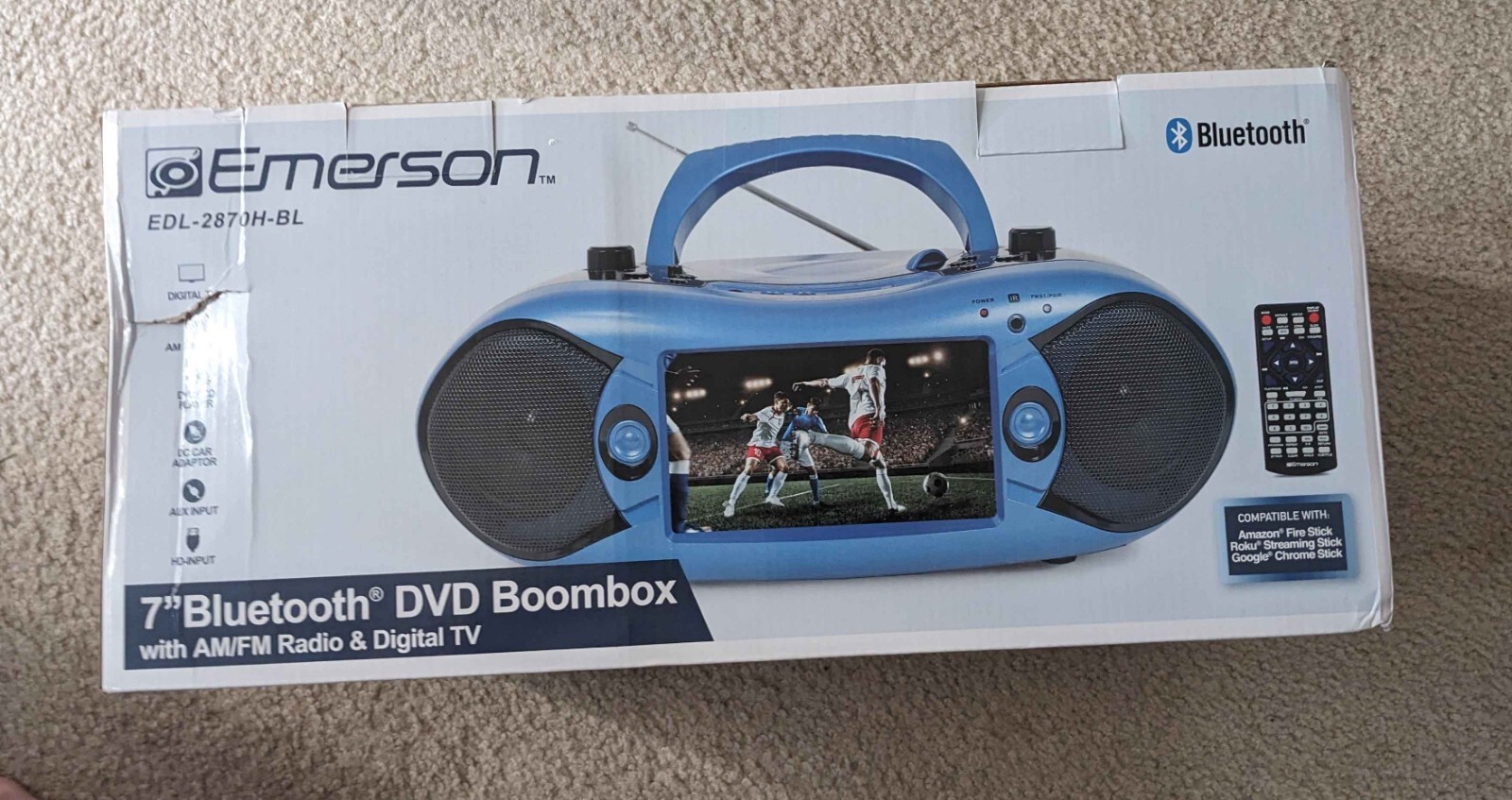 Emerson 7" Bluetooth DVD Boombox w AM/FM Radio, Streaming and Digital TV Option