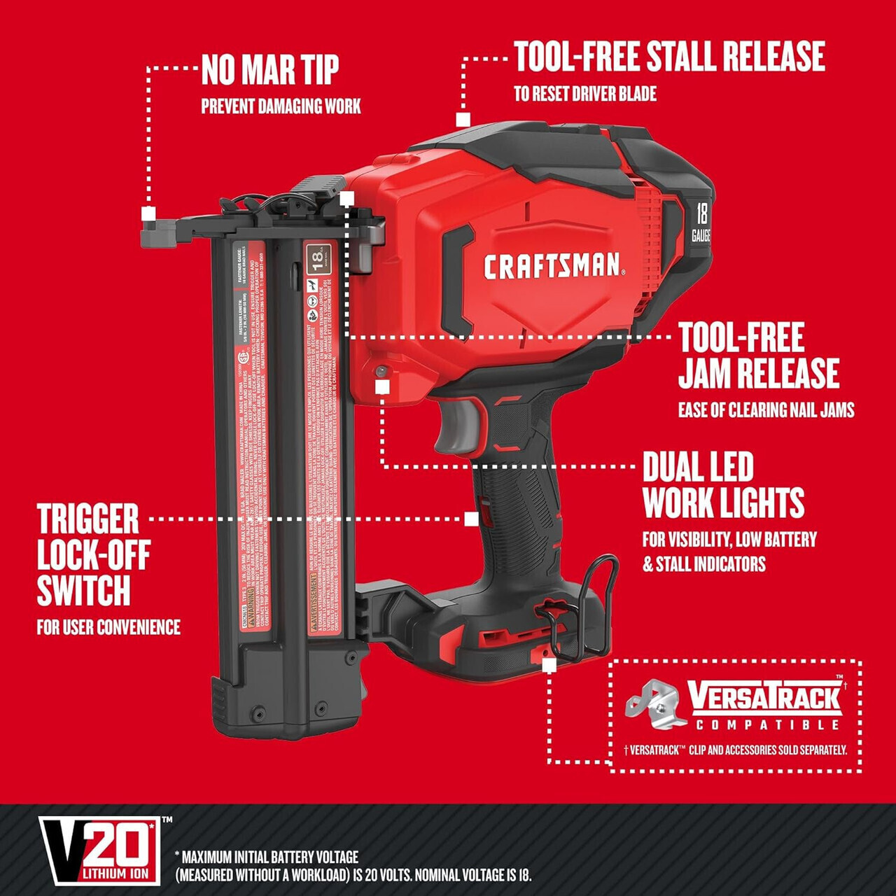 CRAFTSMAN V20 Brad Nailer, 18GA, Cordless, Bare Tool Only (CMCN618B