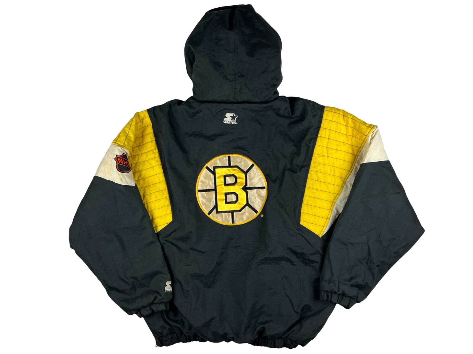 Vintage Boston Bruins Starter Jacket NHL Large 90s Puffer Black Yellow Hockey