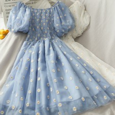 Women Off Shoulder Midi Dress Floral Daisy Ruffle Mesh Lolita Puff Short Sleeve