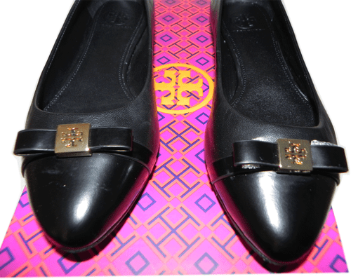 Tory Burch Hugo Ballerina Flats Black Ballet Shoe Pointy Toe Bow Flat 9.5- 39.5 - Picture 1 of 4